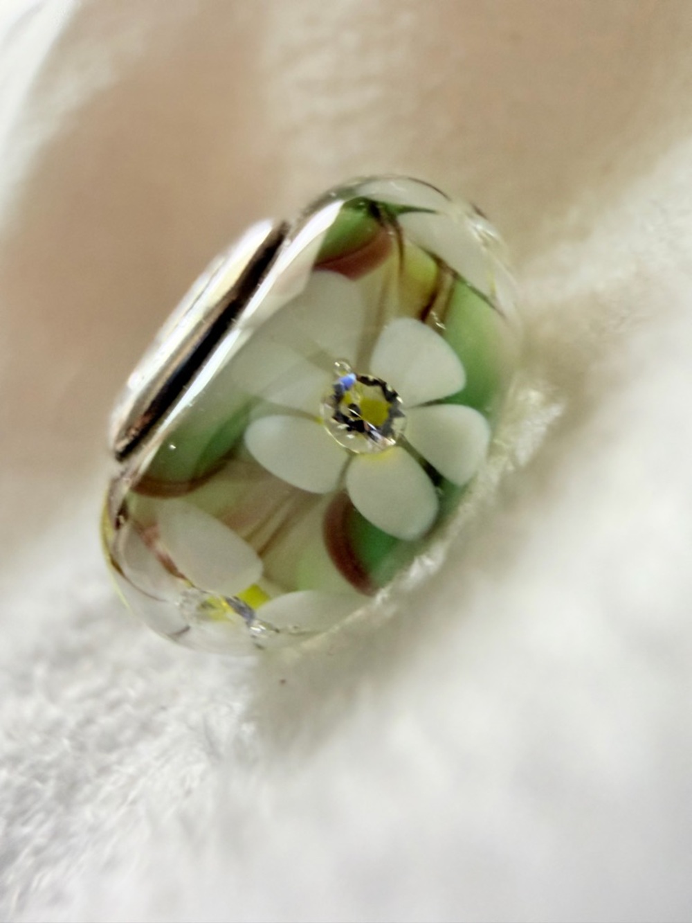 Retited Pandora S925 ALE #791638cz Wild Flower Green white Murano Glass Charm